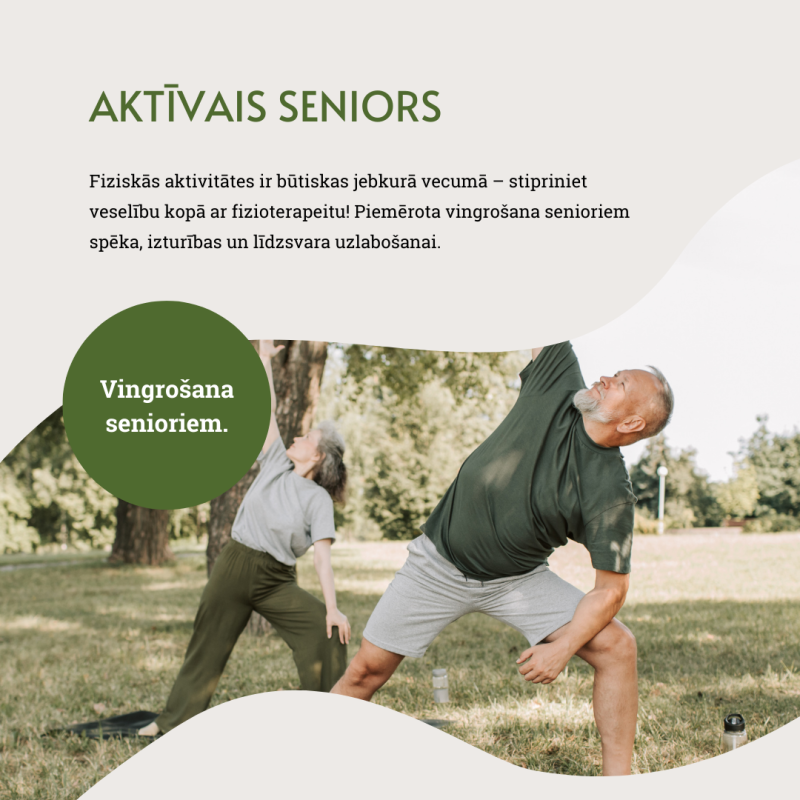 Divi vecāka gadagājuma pieaugušie vingro ārā uz zāles, izstaipot rokas un kājas. Teksts popularizē senioru fiziskās aktivitātes, izceļot fizioterapijas un pielāgotu treniņu priekšrocības spēka un līdzsvara uzlabošanai.