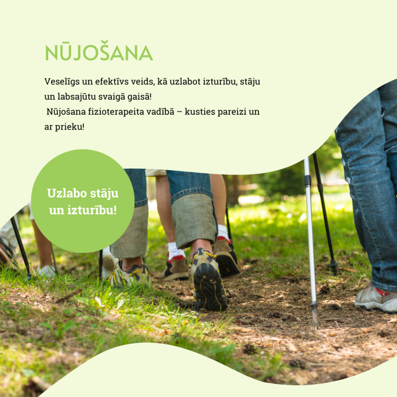Cilvēki pastaigājas ārā pa grants taku, izmantojot nūjošanas nūjas. Uzsvars tiek likts uz viņu kājām un pēdām. Zaļas formas ar uzrakstu latviešu valodā, kas reklamē nūjošanas sniegtās priekšrocības stājai un izturībai.