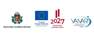 Četri logotipi pēc kārtas: Latvijas valsts veselības dienests, Eiropas Savienības finansējums, Nacionālais attīstības plāns 2027 un Nacionālais rehabilitācijas centrs Vaivari.
