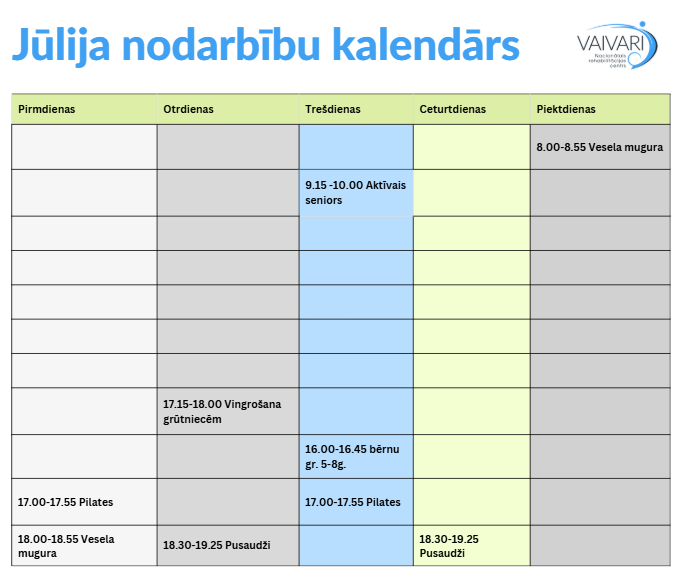 Nedēļas grafikā latviešu valodā ar nosaukumu Jūlija nodarbību kalendārs ir uzskaitītas fitnesa nodarbības pa dienām un laikiem, tostarp senioru, pilates, mugurkaula veselības, jauniešu un grūtnieču grupas, ar krāsainiem kodiem un brīvajām vietām.