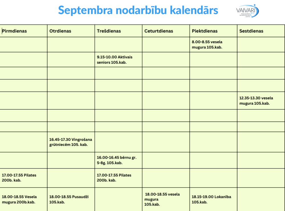 Latviešu aktivitāšu kalendārs septembrim ar tabulu, kurā norādītas nodarbību dienas un laiki, piemēram,