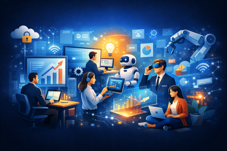 Spilgta ilustrācija, kurā redzami cilvēki, kas strādā ar tehnoloģijām, tostarp klēpjdatoriem, planšetdatoriem, robotu, VR austiņām un robotizētu roku, un kuru ieskauj digitālās diagrammas, grafiki un tīkla ikonas, kas simbolizē inovāciju un digitālo pārveidi.