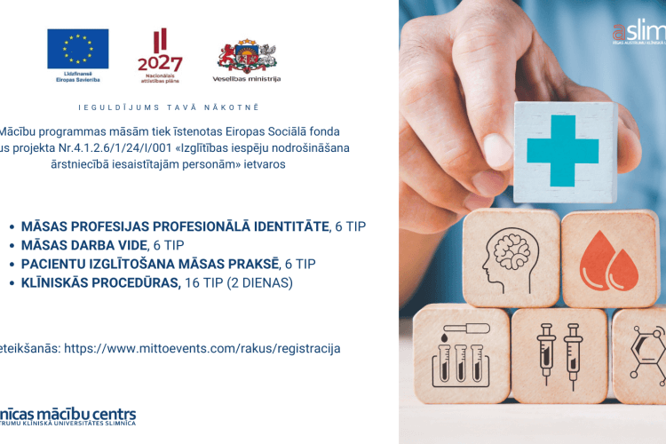 Informatīvs buklets ar ES, Latvijas un medicīnas centra logotipiem. Tekstā aprakstīta māszinību programma par profesionālo identitāti, darba vidi, pacientu izglītību un klīniskajām procedūrām. Labajā pusē redzamas veselības ikonas un rokas, kas sakrauj koka klucīšus.