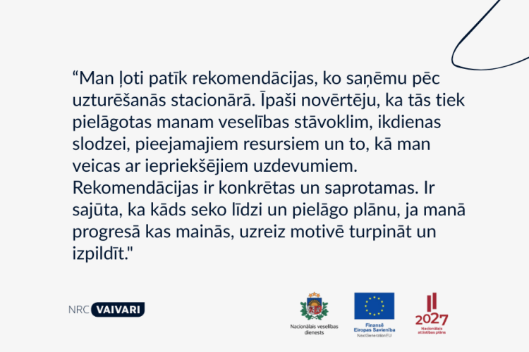 Latvijas atsauksme par uztura ieteikumu vērtību no slimnīcas, ar NRC Vaivari, Veselības ministrijas, ES un Latvija 2027 logotipiem apakšējā labajā pusē. Fonā redzama vienkārša līniju grafika.