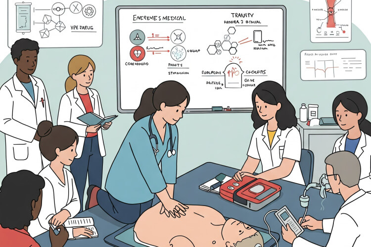 Dažādu medicīnas speciālistu grupa ieskauj uz galda novietotu manekenu, praktizējot sirds un plaušu atdzīvināšanu (CPR) un lietojot medicīniskās ierīces. Fonā uz tāfeles ir attēlotas diagrammas un neatliekamās palīdzības sniegšanas soļi.