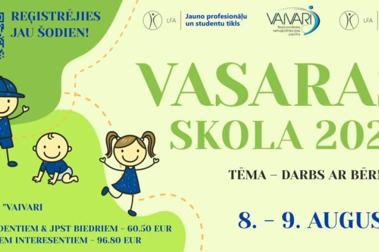 Vasaras skolas 2025 reklāmas plakāts, kurā attēloti multiplikācijas filmas bērni, informācija par reģistrāciju, datumiem (8.-9. augusts) un dalības izmaksām. Pasākuma tēma ir Darbs ar bērniem (Darbs ar bērniem).
