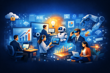 Spilgta ilustrācija, kurā redzami cilvēki, kas strādā ar tehnoloģijām, tostarp klēpjdatoriem, planšetdatoriem, robotu, VR austiņām un robotizētu roku, un kuru ieskauj digitālās diagrammas, grafiki un tīkla ikonas, kas simbolizē inovāciju un digitālo pārveidi.