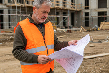 Vīrietis oranžā drošības vestē izskata arhitektūras plānus būvlaukumā. Fonā top daudzstāvu ēka, kurā redzamas sastatnes un būvmateriāli.