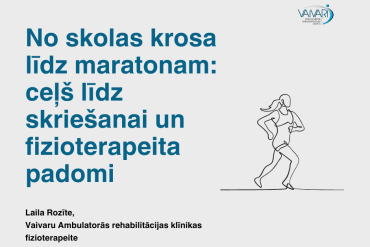 Ilustrēts vāks ar tekstu un skrienoša cilvēka līniju zīmējumu. Teksts latviešu valodā skan: "No skolas krosa līdz maratonam: ceļš līdz skriešanai un fizioterapeita padomi." Logotips augšējā labajā stūrī.