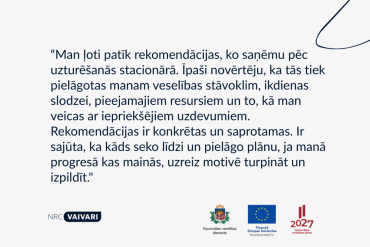 Latvijas atsauksme par uztura ieteikumu vērtību no slimnīcas, ar NRC Vaivari, Veselības ministrijas, ES un Latvija 2027 logotipiem apakšējā labajā pusē. Fonā redzama vienkārša līniju grafika.