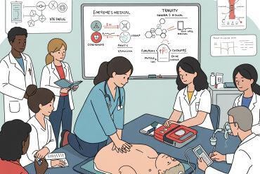 Dažādu medicīnas speciālistu grupa ieskauj uz galda novietotu manekenu, praktizējot sirds un plaušu atdzīvināšanu (CPR) un lietojot medicīniskās ierīces. Fonā uz tāfeles ir attēlotas diagrammas un neatliekamās palīdzības sniegšanas soļi.