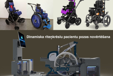 Virspusē ir parādīti trīs adaptīvās sēdvietu sistēmas ratiņkrēsli. Zemāk ir dinamiskā ratiņkrēsla novērtēšanas iekārta ar lielu riteni, sensoriem un displeju, kas tiek izmantota pacienta stājas novērtēšanai. Teksts latviešu valodā.